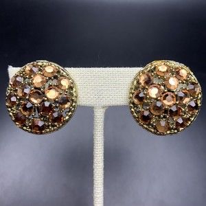 Weiss Clip On Earrings Sparkly Brown Rhinestone Gold Tone Round Domed Vintage